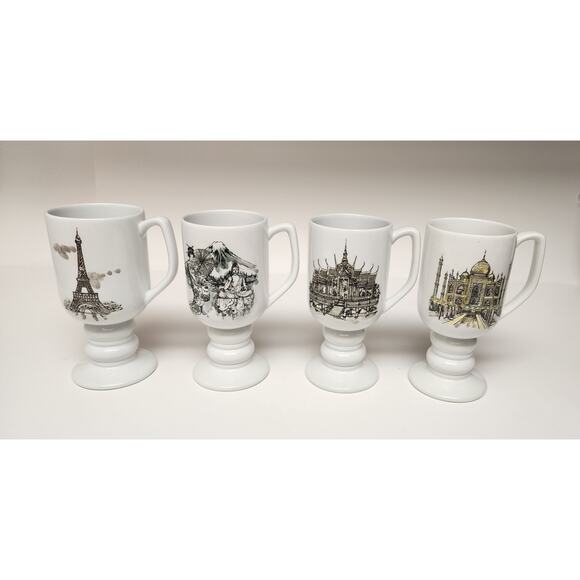 Kaysons International Pedestal Coffee Mugs Lot Of 4 Vtg 1965 Historical Landmark - Picture 1 of 12